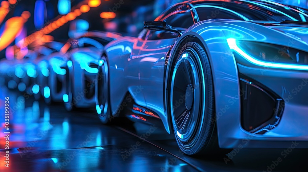 Futuristic Electric Cars in Neon Lit Showroom Highlighting Modern Automotive Design and Innovation Futuristic Electric Cars in Neon Lit Showroom Highlighting Modern Automotive Design and Innovation