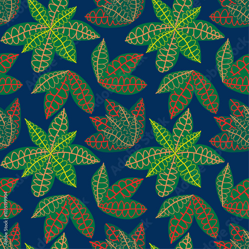 A seamless tropical pattern featuring various garden croton leaves. Geometrical background pattern. This botanical texture design suits prints, wall art, wallpaper, textiles, and wrapping paper