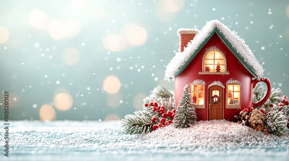 Christmas greeting card with gingerbread house, fir tree branches, and snow on a bokeh background, creating a festive and warm holiday scene perfect for seasonal greetings and winter visuals. Christmas greeting card with gingerbread house, fir tree branches, and snow on a bokeh background, creating a festive and warm holiday scene perfect for seasonal greetings and winter visuals.