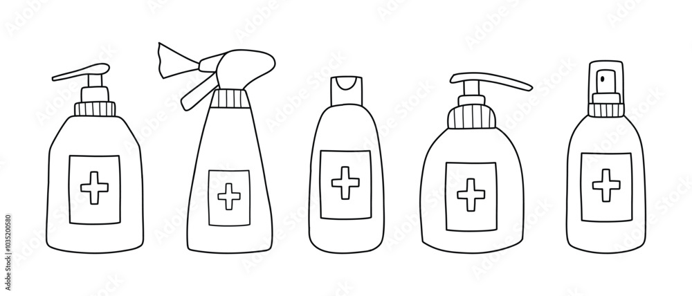 Set of bottles with antiseptic, gel, soap or sanitizer. Collection of antiseptic bottles. Vector illustration. Doodle style. Set of bottles with antiseptic, gel, soap or sanitizer. Collection of antiseptic bottles. Vector illustration. Doodle style.