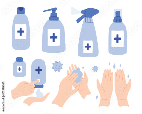 Clean your hands with alcohol gel. Killing virus. Hands used for touching will transmit the virus. Corona virus concept. washing hands with antibacterial hand sanitizer, sanitizer gel symbol