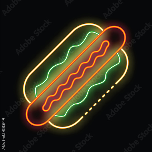 Glowing neon illustration of a hot dog with mustard and relish on a black background