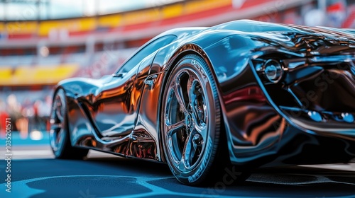 Wallpaper Mural Sleek Modern Sports Car with Reflective Metallic Finish in Vibrant Urban Setting at Sunset Torontodigital.ca