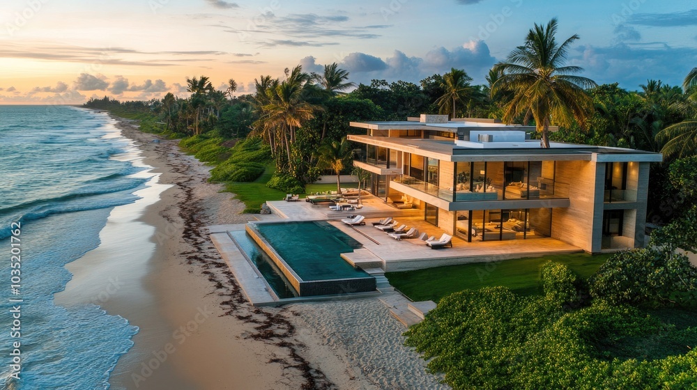 Fototapeta premium A high-end beachfront property with modern design and premium features, symbolizing a strong return on investment in luxury real estate