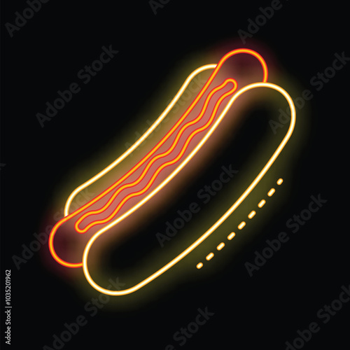 Bright neon sign representing a hot dog with mustard, glowing on a black background