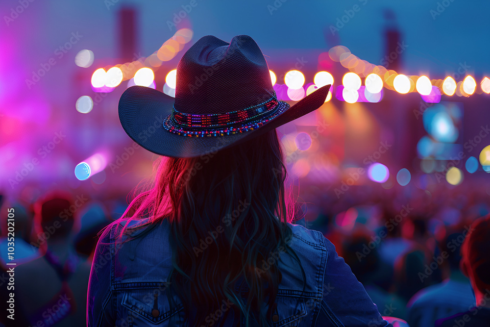 A cowgirl with long hair wearing a cowboy hat, watching the stage at a country music festival. The crowd is in the background, Generative AI
A cowgirl with long hair wearing a cowboy hat, watching the stage at a country music festival. The crowd is in the background, Generative AI