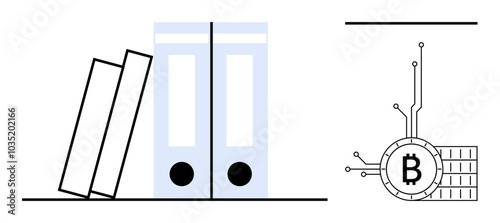 Several books and blue folders are placed on a shelf while a Bitcoin symbol with circuit lines is on the right. Ideal for data storage, cryptocurrency, education, office organization, digital