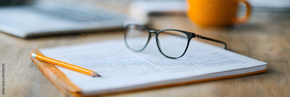 Overhead view of an open textbook lying on a wooden desk with a pencil and pair of glasses placed beside it representing the tools and environment of academic study and learning Overhead view of an open textbook lying on a wooden desk with a pencil and pair of glasses placed beside it representing the tools and environment of academic study and learning