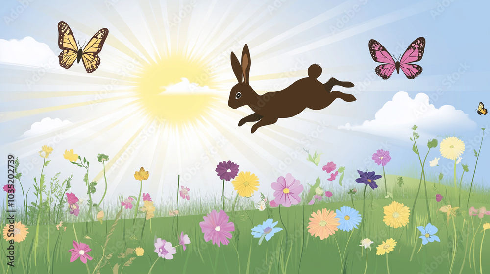 Dark Brown Rabbit Leaping Through Sunny Flower Field with Butterflies in Bright Sky