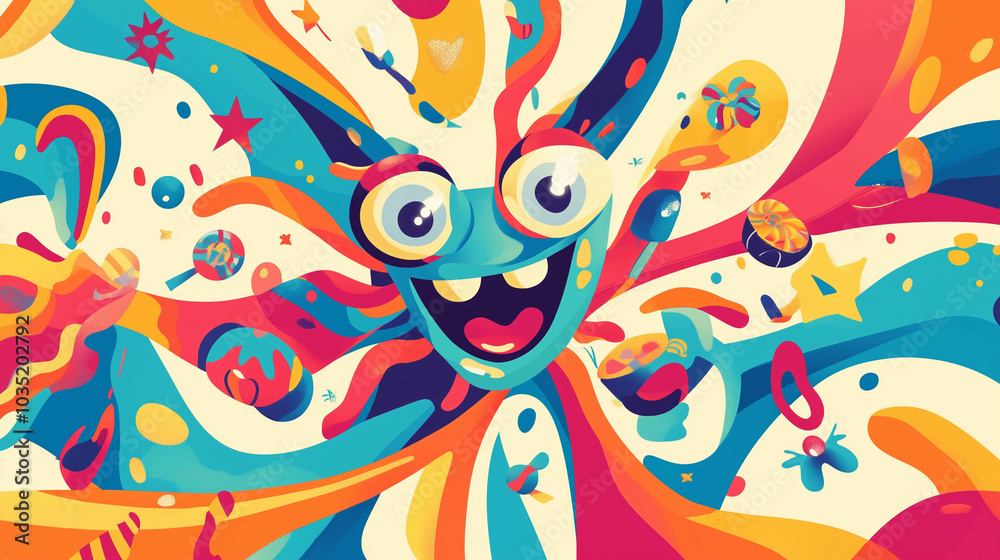 Colorful Abstract Character With Wide Eyes And Vibrant Swirls Representing Playful Chaos Colorful Abstract Character With Wide Eyes And Vibrant Swirls Representing Playful Chaos