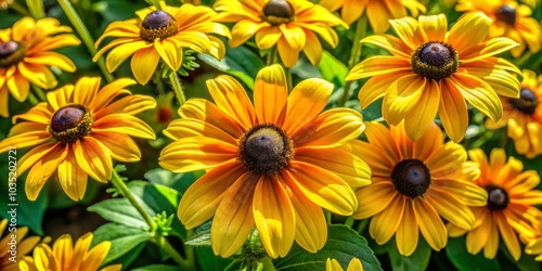 Close-up of radiant yellow Rudbeckia flowers in bloom, highlighting nature's beauty in a colorful flower bed, perfect for gardening enthusiasts and nature photography fans.