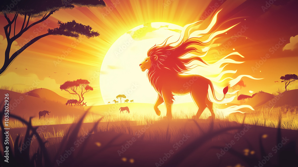 Glowing Lion Stands Tall on African Savannah at Dusk