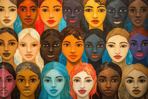 illustration of diversity, womens faces from various ethnicities, different skin tones, human race