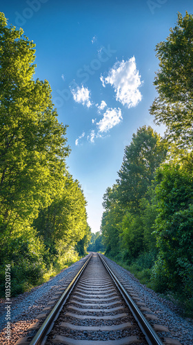 Railway tracks stretching into the distance, surrounded by lush green trees and clear blue sky, creating depth and perspective in a serene natural landscape. photo