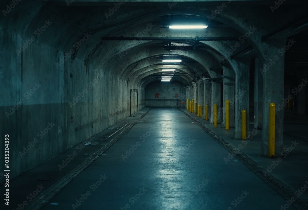 Dimly Lit Underground Tunnel With Concrete Walls And Hanging Lights Dimly Lit Underground Tunnel With Concrete Walls And Hanging Lights