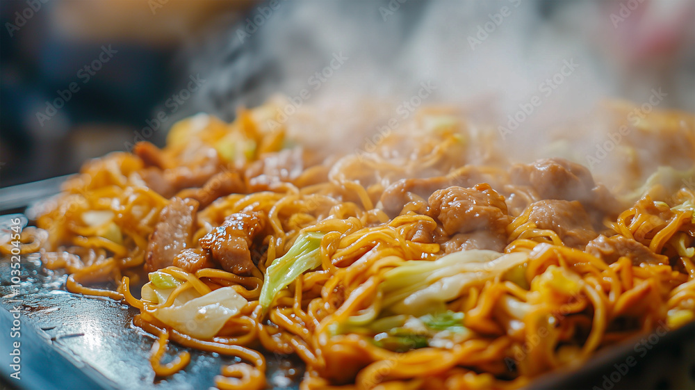 活気ある焼きそばのマクロショット