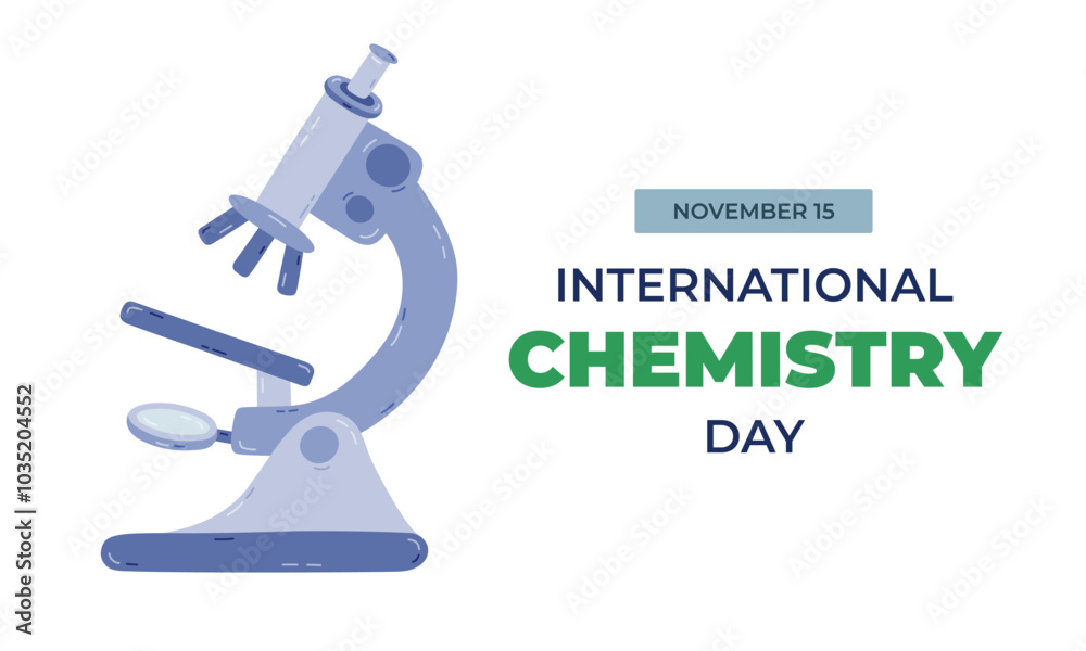 Horizontal cute banner for International Chemistry Day at 15th of November with cartoon laboratory microscope . Minimalistic holiday concept for poster, background template for website, social media. Horizontal cute banner for International Chemistry Day at 15th of November with cartoon laboratory microscope . Minimalistic holiday concept for poster, background template for website, social media.