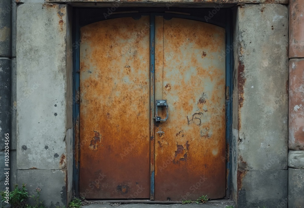 Old Weathered Door With Rusty Hue And Cracked Surrounding Structure Old Weathered Door With Rusty Hue And Cracked Surrounding Structure