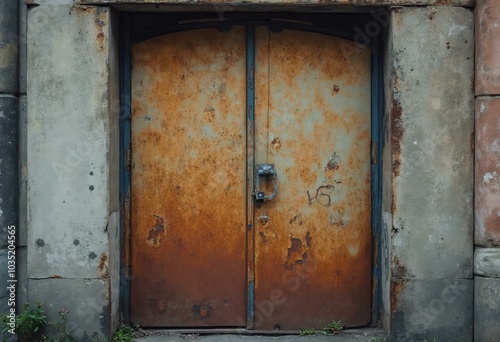 Old Weathered Door With Rusty Hue And Cracked Surrounding Structure