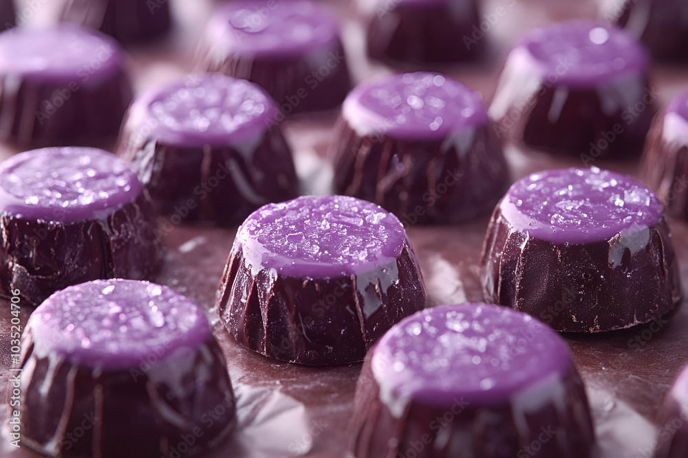 The image features an array of glossy, purple candies with a shiny appearance, arranged closely together on a surface. The image features an array of glossy, purple candies with a shiny appearance, arranged closely together on a surface.