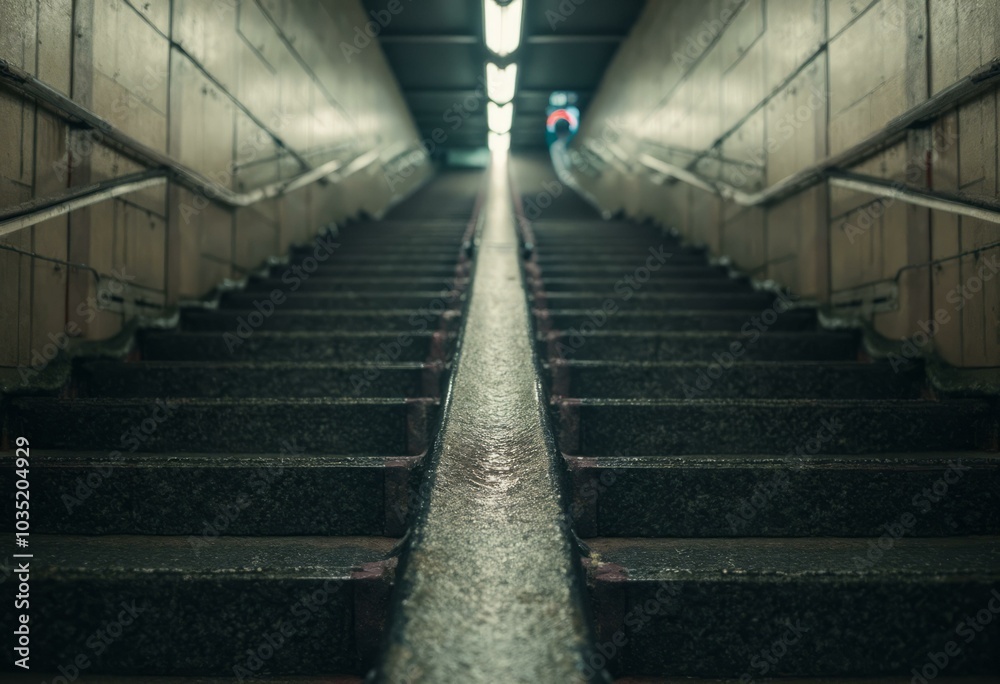 Dimly Lit Underground Staircase With Metal Handrails Dimly Lit Underground Staircase With Metal Handrails