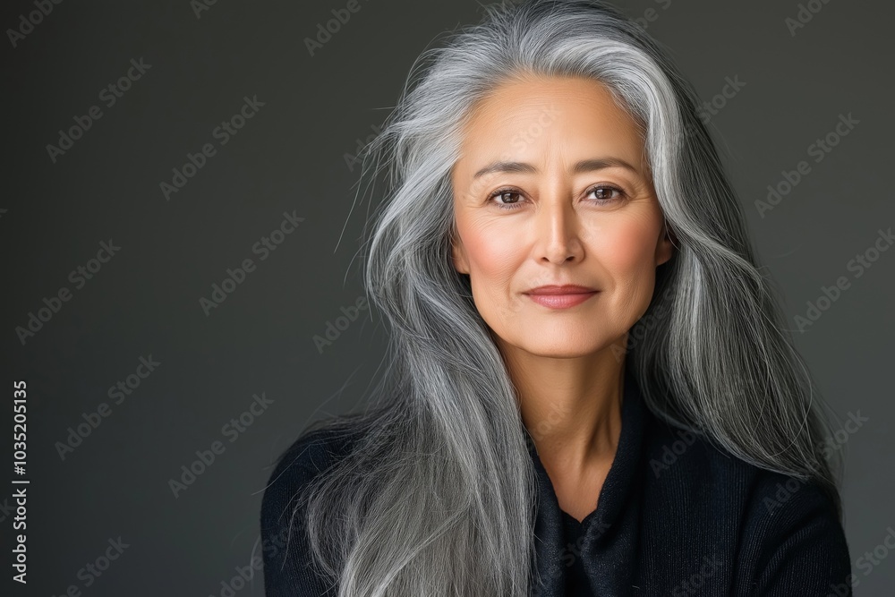 A confident and elegant portrait of a mature woman with long, flowing grey hair and radiant skin. Her composed expression and natural beauty are highlighted against a soft, muted background