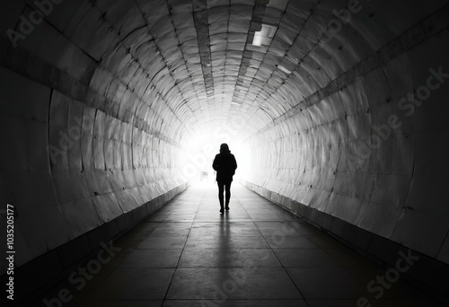 Person Walking Towards Bright Light In Textured Tunnel