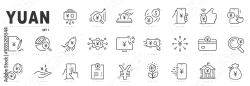 Set of yuan related line icons. Currency, coin, payment, money etc. Editable stroke.