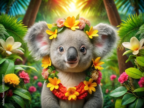 Delightful retro-style image of an endearing cartoon koala in a Hawaiian lei, surrounded by lush tropical blooms and a bright, inviting backdrop.