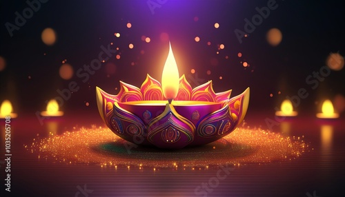 A beautifully designed oil lamp emits a radiant flame, surrounded by glowing lights and intricate patterns, symbolizing celebration and spirituality.