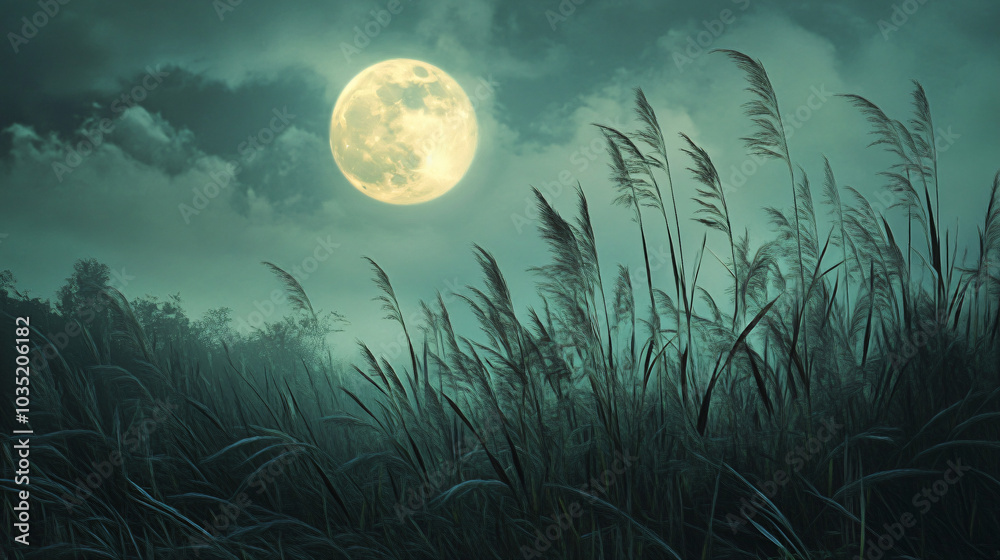 Fototapeta premium A field of tall grass swaying under the light of a full moon, creating a ghostly effect.