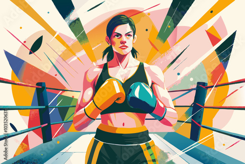 Dynamic Female Boxer Poised in Ring: Power, Strength, and Determination