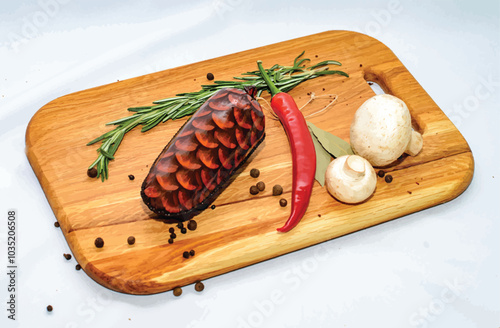 Tasty sausages and vegetables isolated over solid background