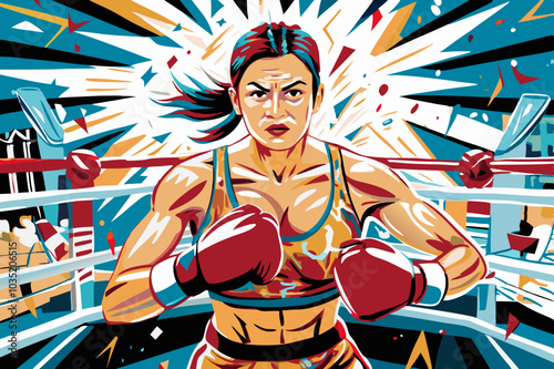 Determined Female Boxer Ready to Fight in Boxing Ring Illustration