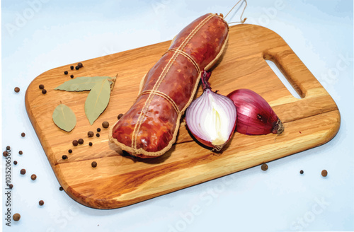 Tasty sausages and vegetables isolated over solid background