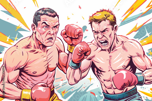 Intense Boxing Match Illustration: Fighters in Action with Dynamic Background