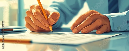 Illustration of a businessman s hands with a pencil writing down a todo list, vector design reflecting personal organization and planning effectiveness, minimalist approach photo