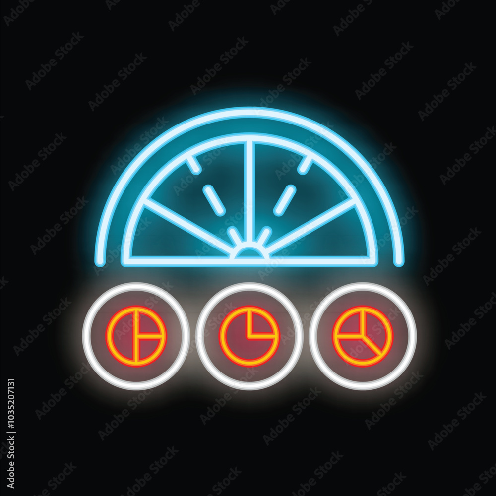 Neon sign illustrating the concept of time running out with a clock and progress charts