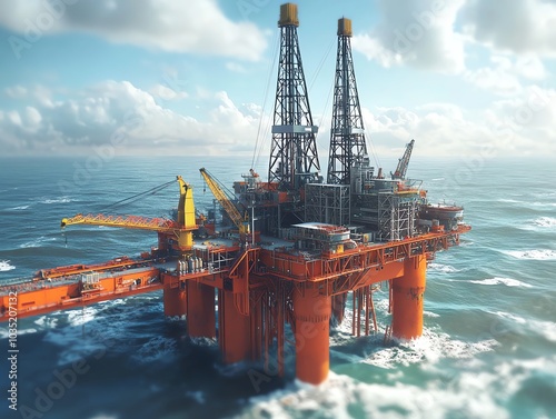 Offshore oil rig surrounded by ocean waves under a blue sky. photo