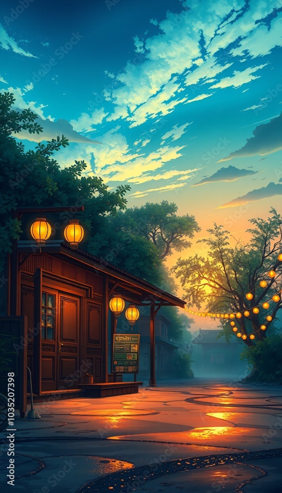 Fototapeta premium Cityscape bathed in golden hues, ancient architecture silhouetted against a fiery sunset, urban tranquility enveloped in the soft glow of streetlights