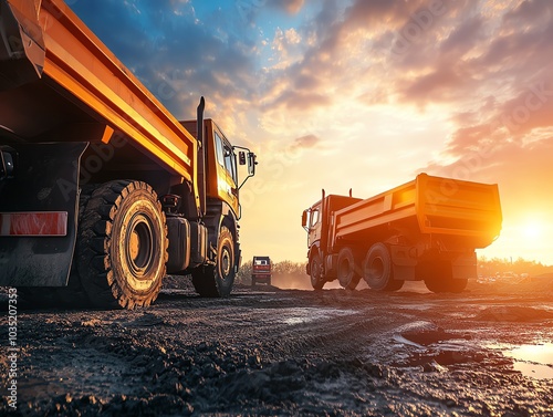 Dump trucks at construction site during sunset. photo