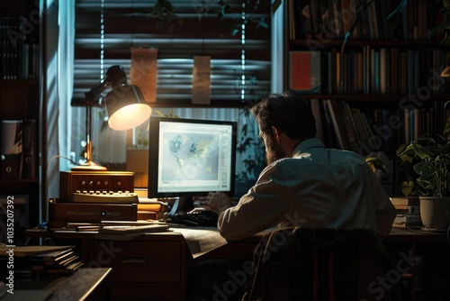 A person sitting at a desk with a computer, perfect for office or home use