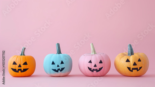 Pumpkin for halloween, bright and pastel decoration. Pumpkins thanksgiving decor in light and elegant colors. Seasonal background with autumn design.