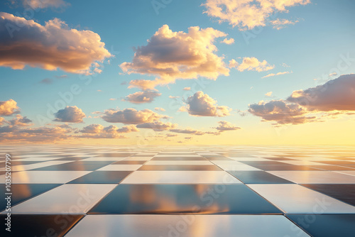 Board game scene inspired by The Game of Life, surreal and hyper-realistic style. A vibrant blue sky with soft clouds in the background, while the black