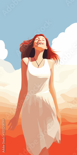 An illustration depicts a girl in a flowing white dress floating in the air with a big smile on her face, surrounded by soft, fluffy clouds in the background.