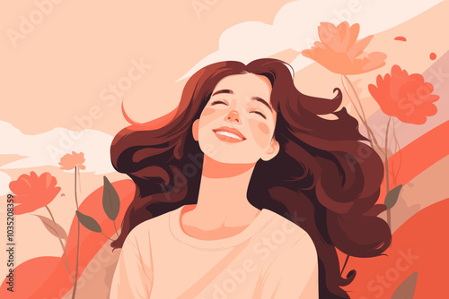 An illustration portrays a happy girl smiling brightly, with a colorful array of flowers in the background, enhancing her joyful demeanor.