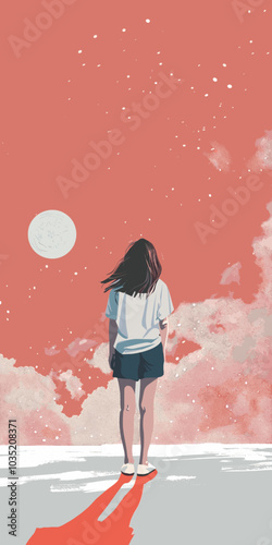 An illustration shows a girl standing quietly as she gazes at the stars above, her figure casting a long shadow on the ground, evoking a sense of wonder and tranquility.