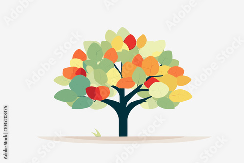 An illustration showcases a minimalistic tree with colorful leaves set against a white background, creating a clean and modern aesthetic.