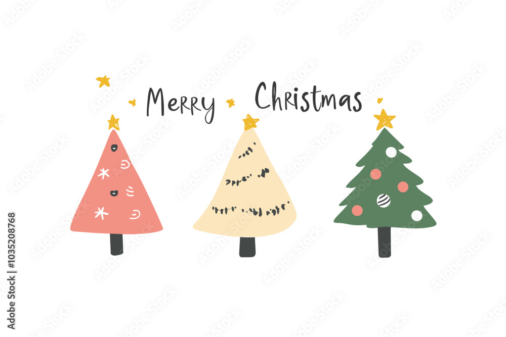 An illustration showcases a hand-drawn style Christmas trees, decorated with simple ornaments and topped with An illustration showcases a hand-drawn style Christmas trees, decorated with simple ornaments and topped with