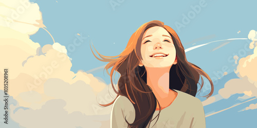 An illustration depicts a girl smiling gently as she gazes far into the sky, her expression reflecting a sense of wonder and hope.
